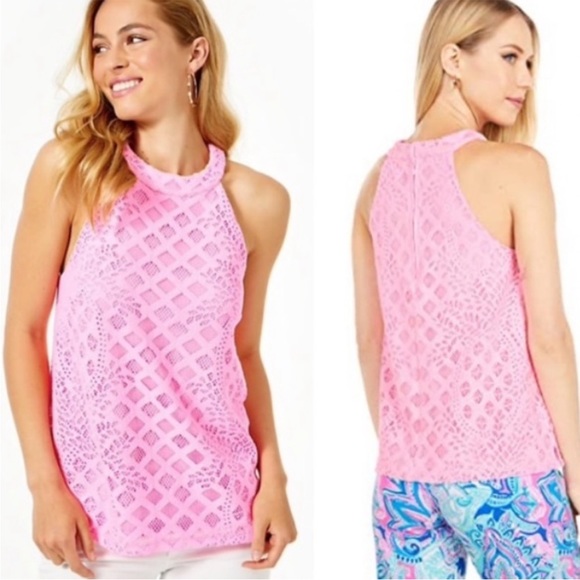 Lilly Pulitzer Rayanne Top Pelican Pink Pineapple Geo Lace - Picture 7 of 7